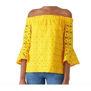 TRINA TURK Yellow Healdsburg Lace Off‎ Shoulder Bell Sleeve Blouse Top